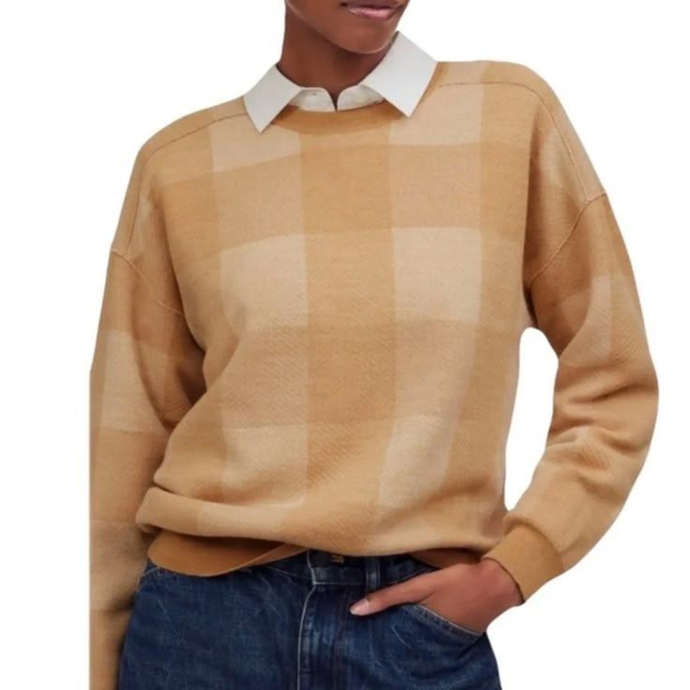 Madewell Buffalo Check Sweater Women XL Camel Tan Merino Wool Crewneck Plaid
